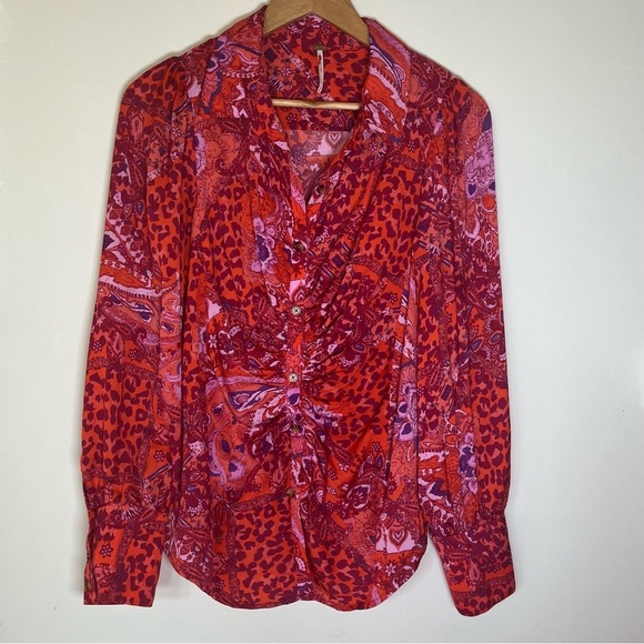 Free People Cheetah Print/ Paisley Cinched Business Casual Long Sleeve Top A21 - Picture 1 of 6